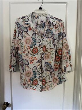 Chico's Cream Button-Down Shirt with Multicolor Floral Print